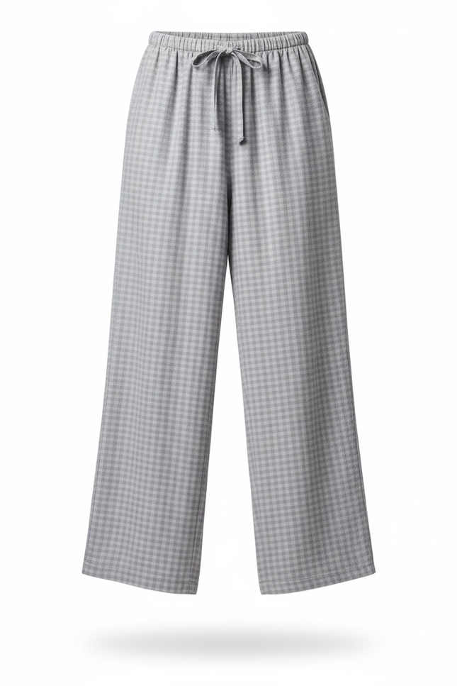 Pantalon En Lin Carreaux Gris Ample Décontracté Fluide - vue 3
