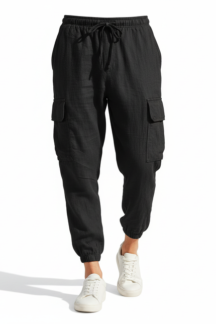Pantalon Lin Cargo - Noir - vue 3