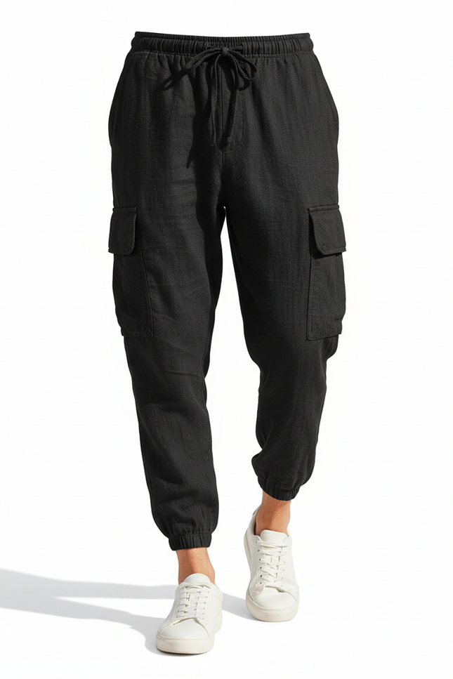Pantalon Lin Cargo - Noir - vue 3