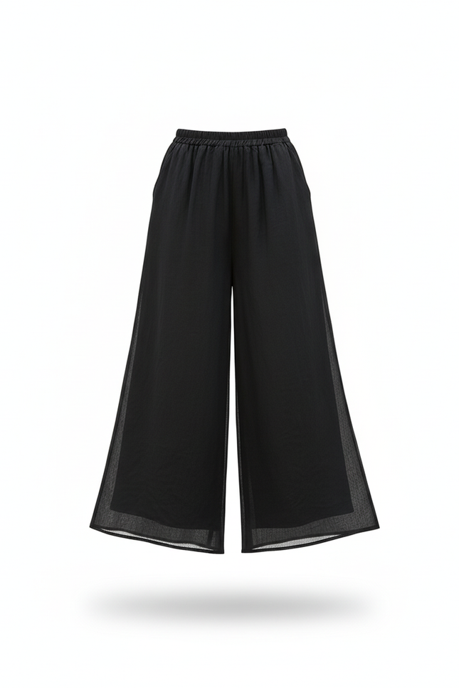 Pantalon En Lin Noir Ample Fluide Élastique Fille - vue 3
