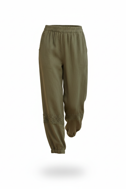 Pantalon En Lin Vert Kaki Ample Dentelle Décontracté - vue 3