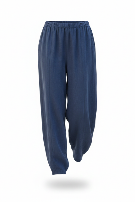 Pantalon En Lin Bleu Ample Élastique Femme Décontracté - vue 3