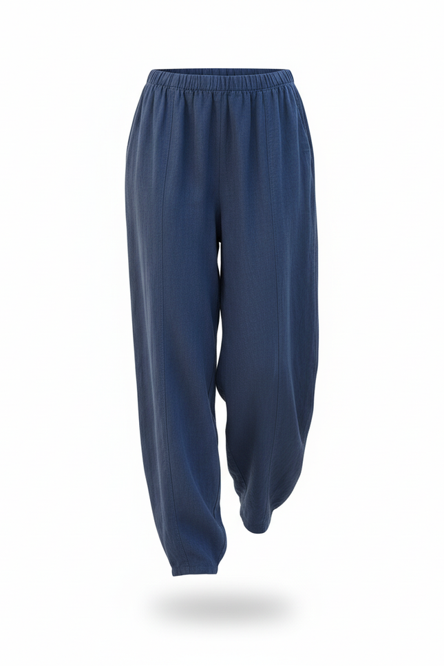 Pantalon En Lin Bleu Ample Élastique Femme Décontracté - vue 3