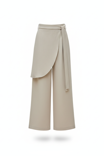 Pantalon En Lin Beige Ample Drapé Élégant Ceinture - vue 3