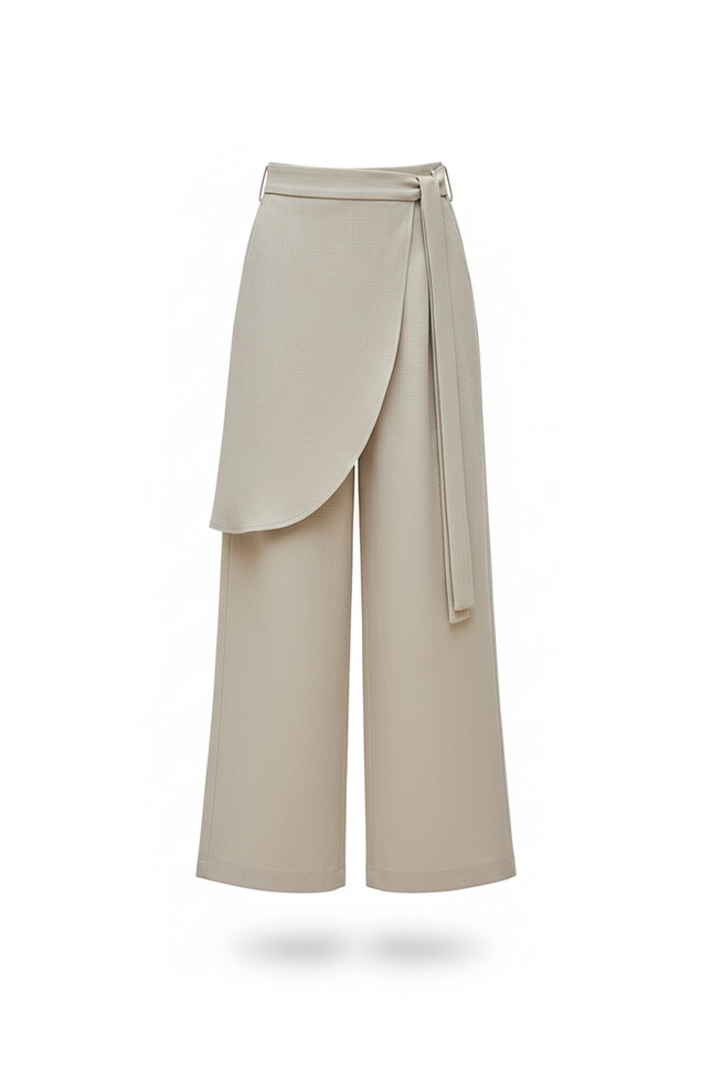 Pantalon En Lin Beige Ample Drapé Élégant Ceinture - vue 3