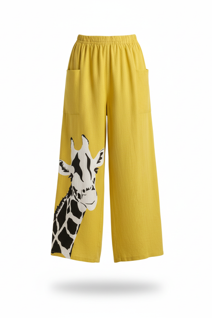 Pantalon En Lin Jaune Ample Imprimé Girafe Décontracté - vue 3