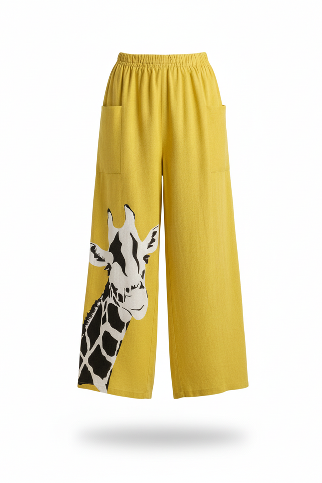 Pantalon En Lin Jaune Ample Imprimé Girafe Décontracté - vue 3