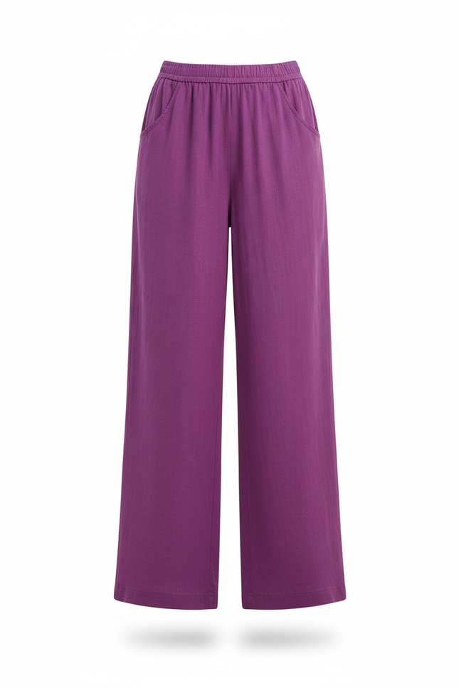 Pantalon En Lin Violet Ample Fluide Décontracté Élégant - vue 3