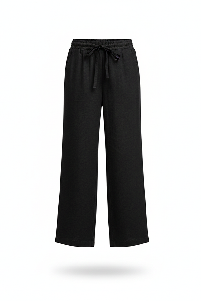 Pantalon En Lin Noir Ample Décontracté Fille Cordon - vue 3