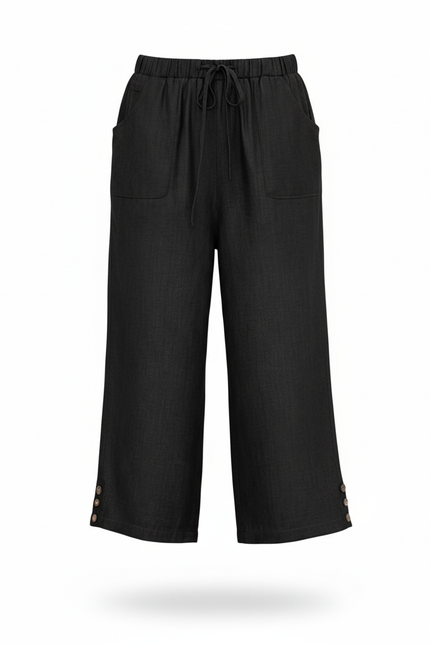 Pantalon En Lin Noir Ample Cordon Court Femme - vue 3