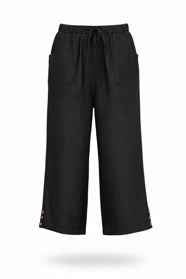 Pantalon En Lin Noir Ample Cordon Court Femme - vue 3