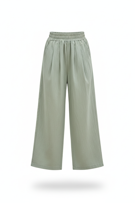 Pantalon En Lin Vert Ample Plissé Décontracté Fille - vue 3