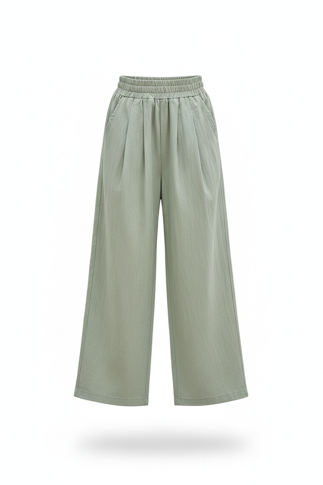Pantalon En Lin Vert Ample Plissé Décontracté Fille - vue 3