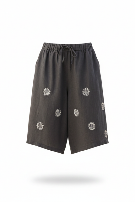 Pantalon En Lin Gris Ample Motif Floral Court - vue 3