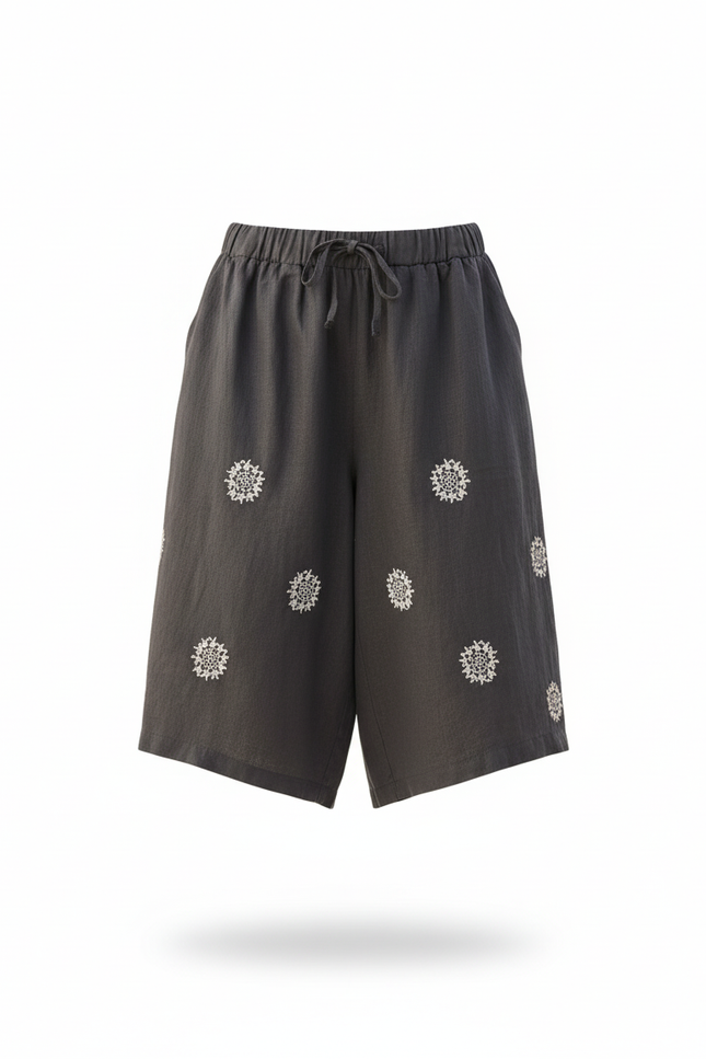 Pantalon En Lin Gris Ample Motif Floral Court - vue 3