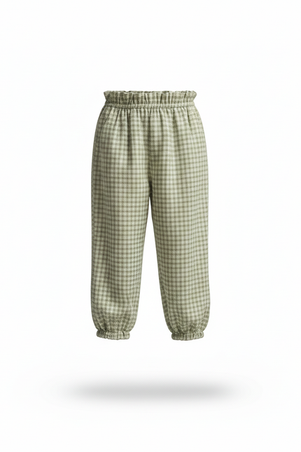 Pantalon En Lin Carreaux Verts Ample Enfant Fluide - vue 3
