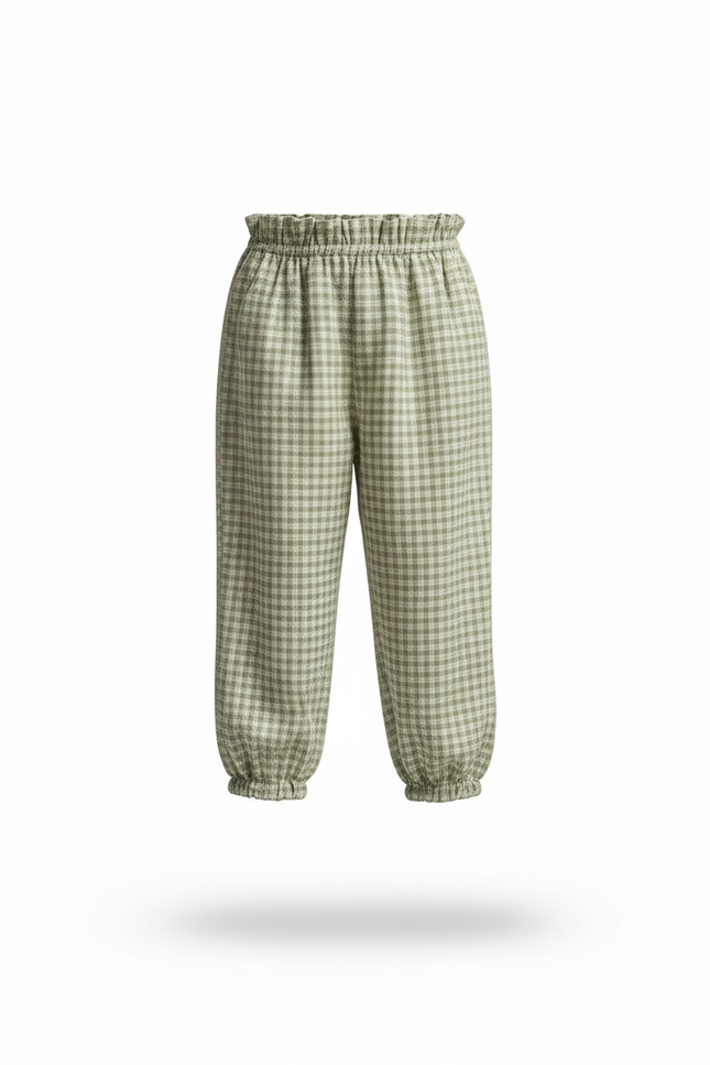 Pantalon En Lin Carreaux Verts Ample Enfant Fluide - vue 3
