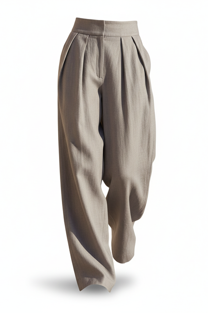 Pantalon En Lin Gris Plissé Ample Taille Haute Décontracté - vue 3
