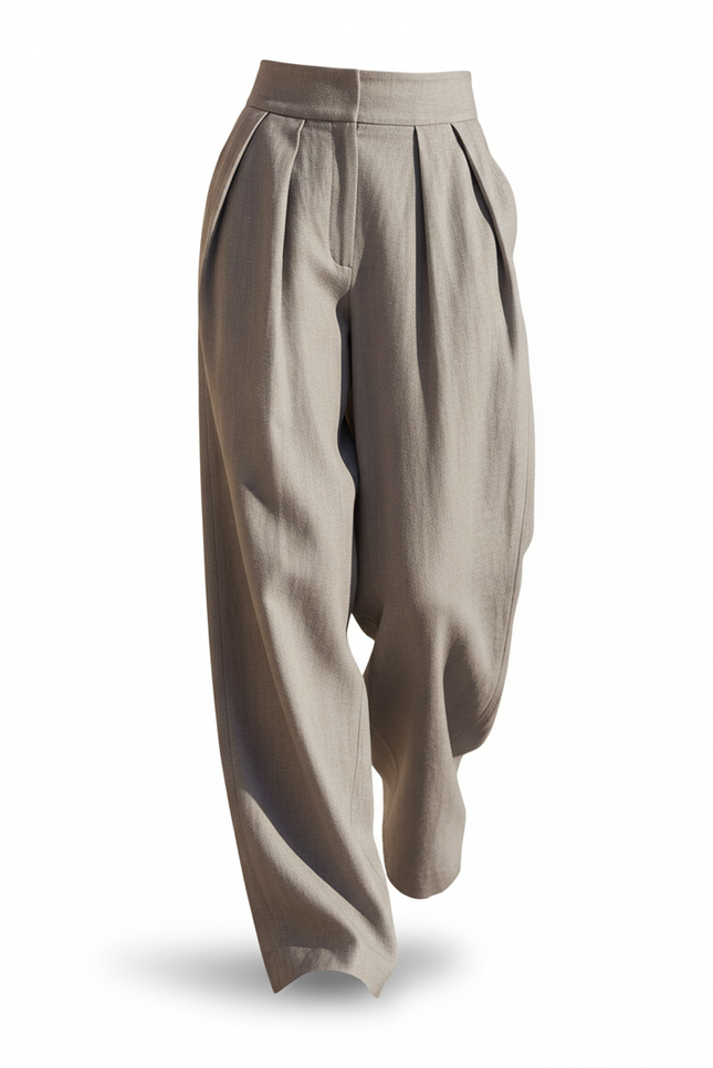 Pantalon En Lin Gris Plissé Ample Taille Haute Décontracté - vue 3