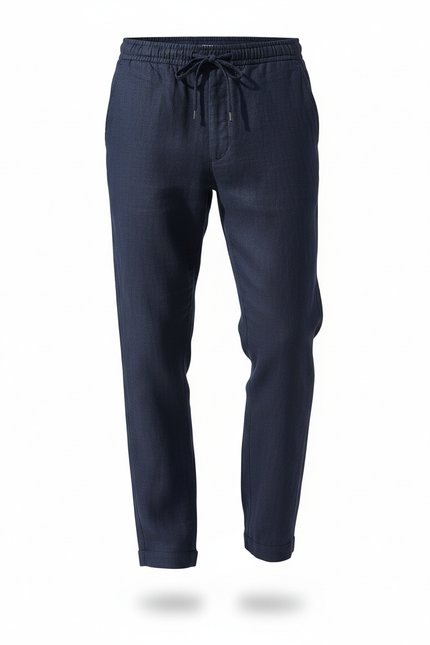 Pantalon En Lin Marine Cordon Droit Décontracté Homme - vue 3