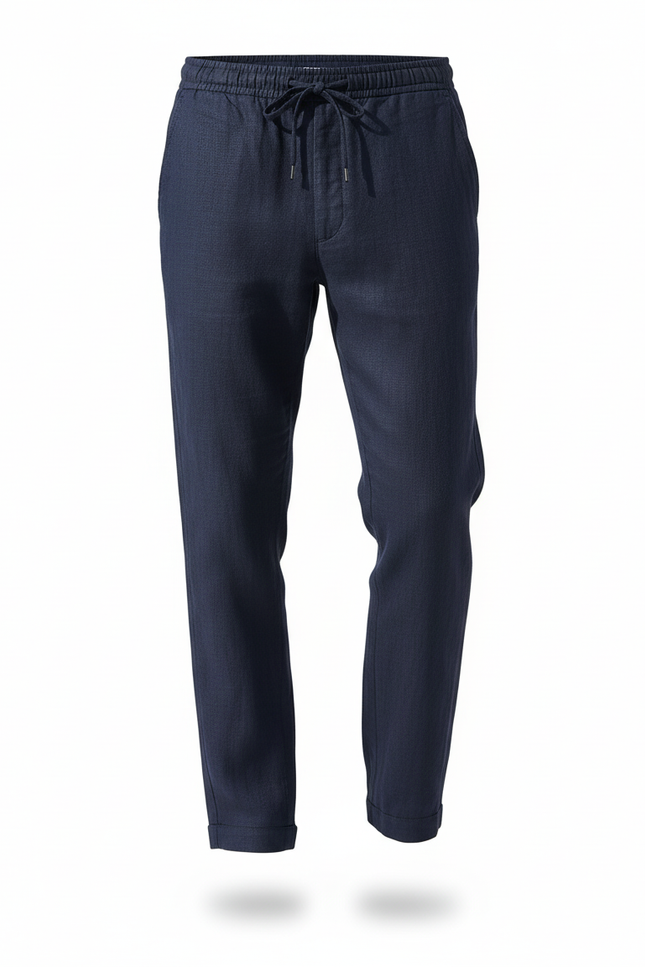 Pantalon En Lin Marine Cordon Droit Décontracté Homme - vue 3