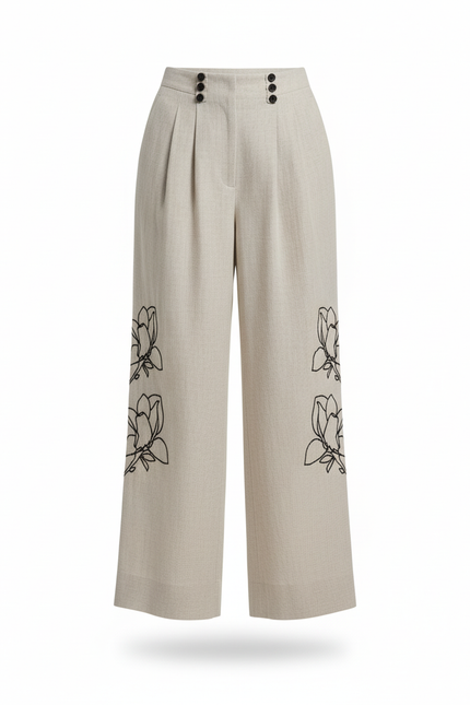 Pantalon En Lin Beige Brodé Ample Fluide Chic - vue 3
