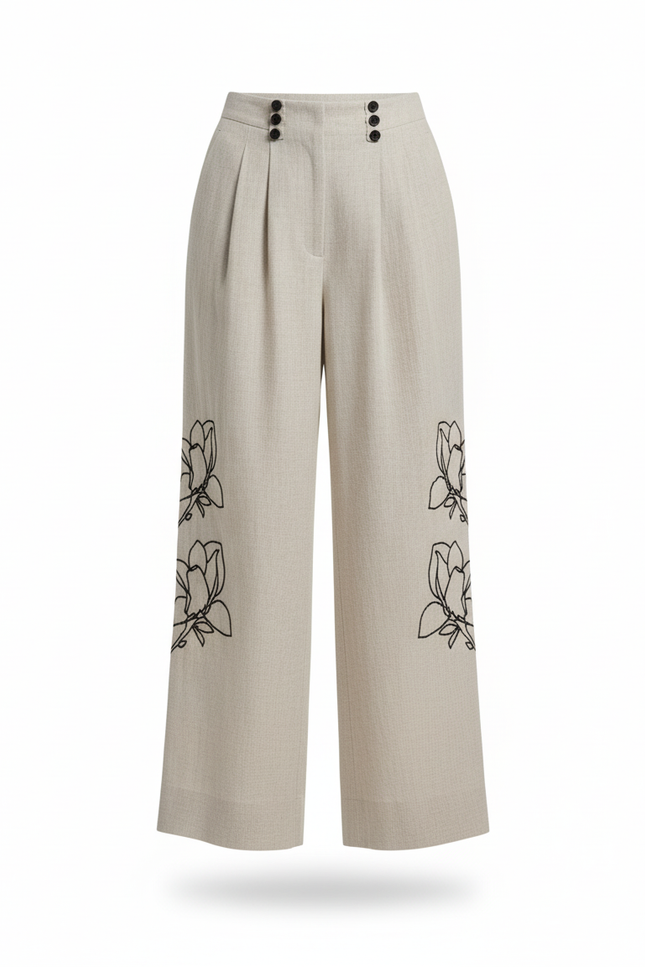 Pantalon En Lin Beige Brodé Ample Fluide Chic - vue 3