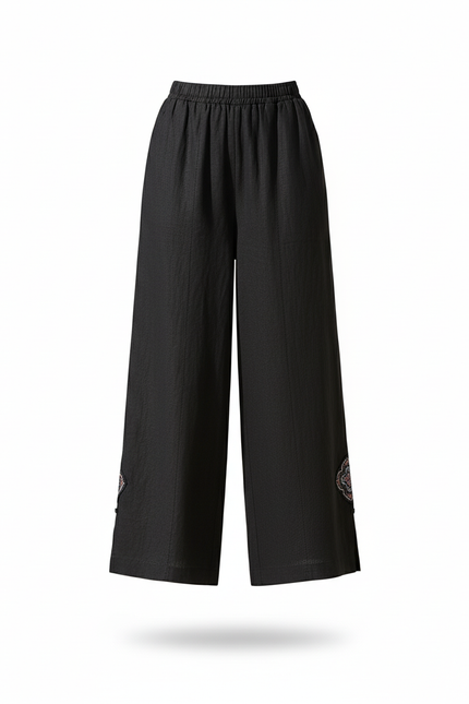 Pantalon En Lin Noir Ample Brodé Fendu Décontracté - vue 3
