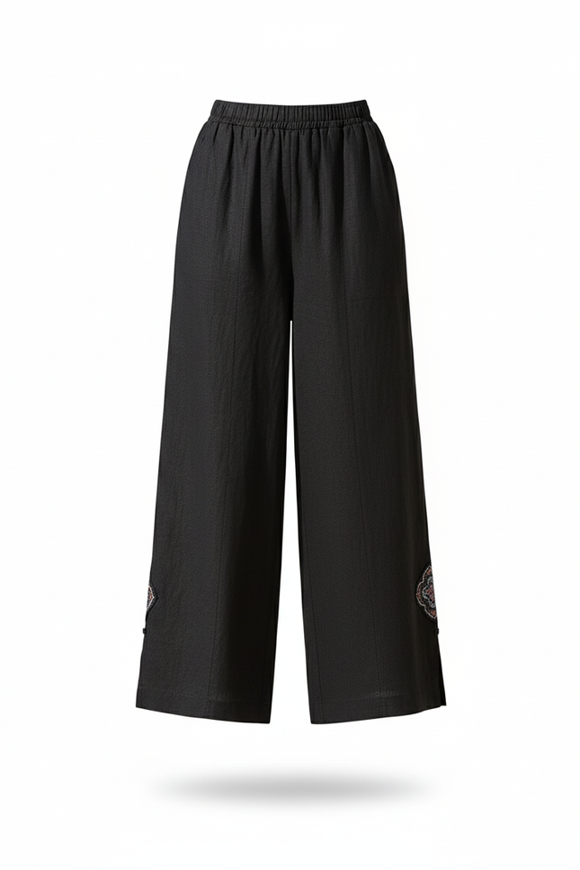 Pantalon En Lin Noir Ample Brodé Fendu Décontracté - vue 3