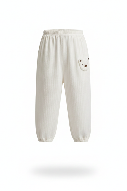 Pantalon En Lin Blanc Ample Enfant Brodé Ours Mignon - vue 3