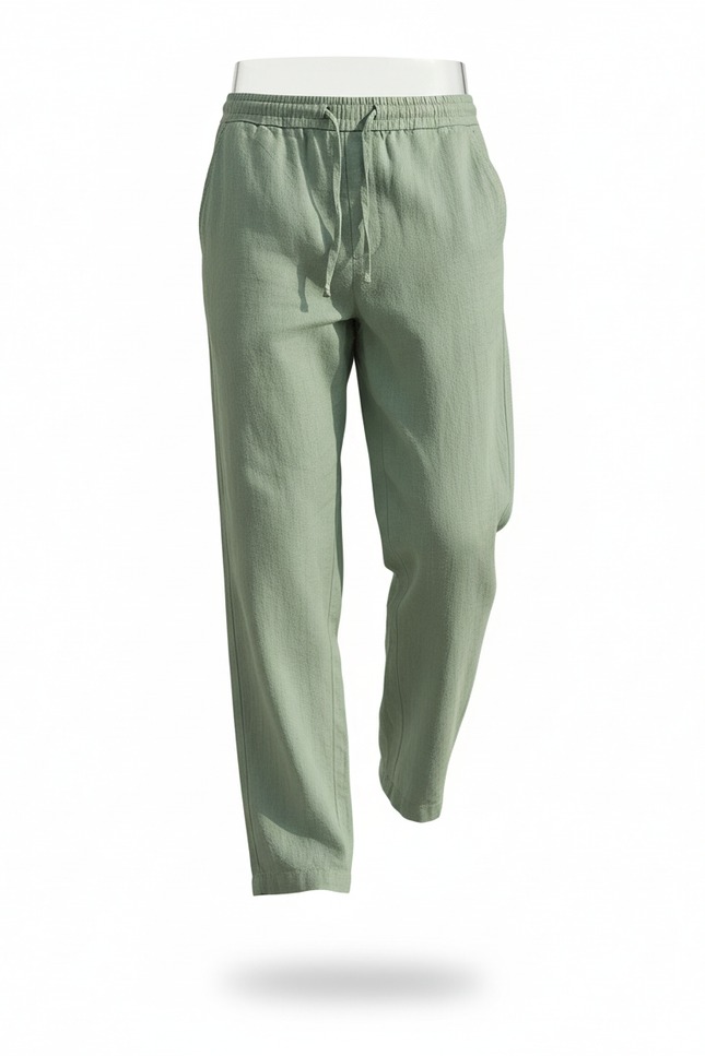 Pantalon En Lin Vert Ample Cordon Décontracté Homme - vue 3