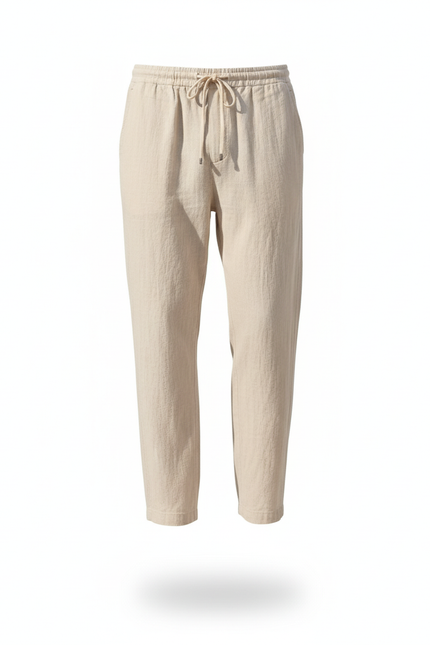 Pantalon En Lin Beige Droit Léger Cordon Confortable - vue 3