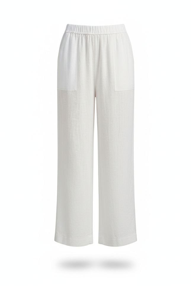 Pantalon En Lin Blanc Ample Taille Élastique Femme Fluide - vue 3