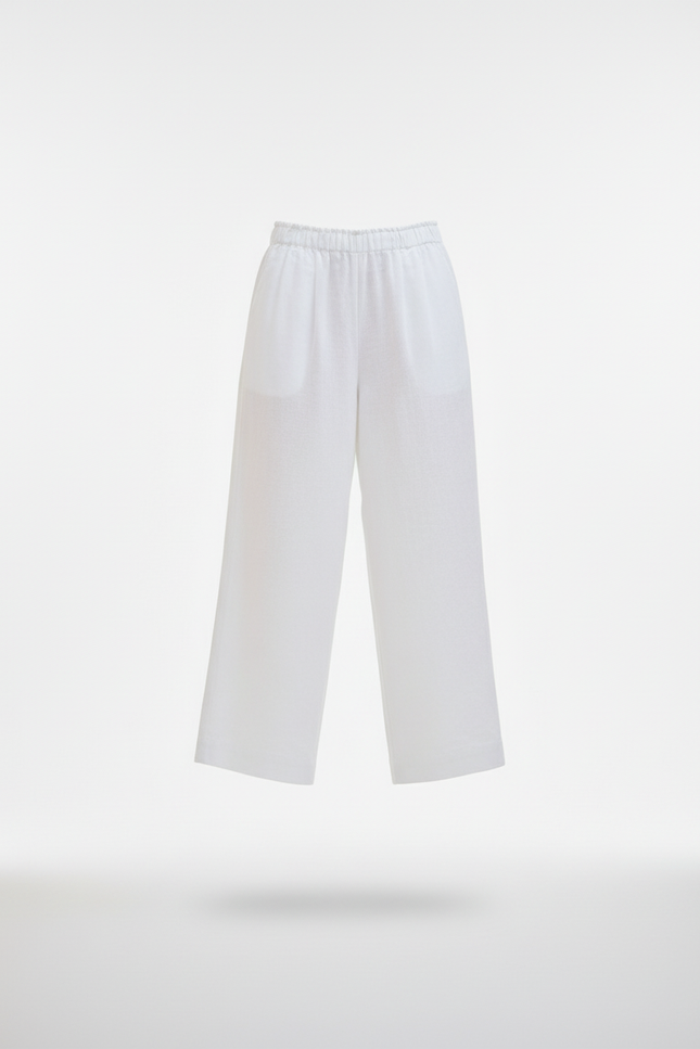 Pantalon En Lin Blanc Ample Fluide Taille Haute - vue 3