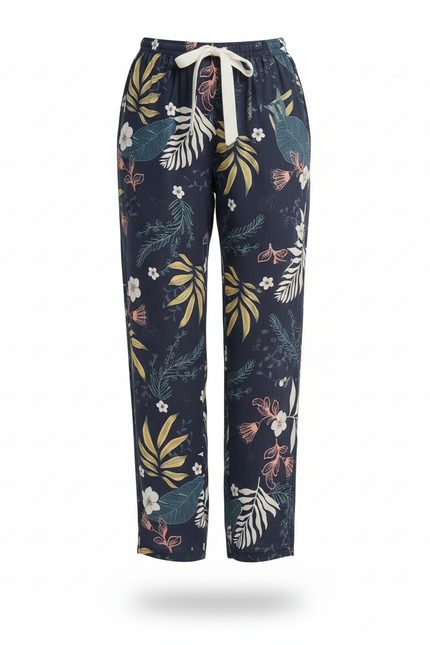 Pantalon En Lin Ample Imprimé Floral Estival Bleu - vue 3