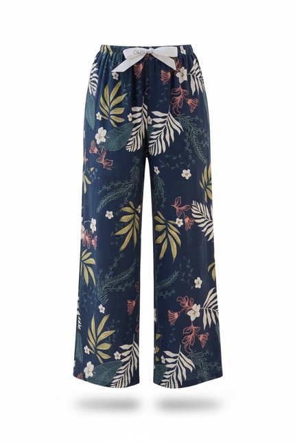 Pantalon En Lin Fleuri Ample Fluide Estival Bleu Marine - vue 3