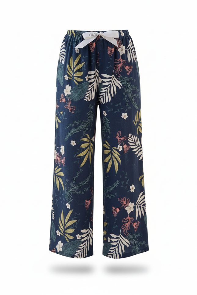 Pantalon En Lin Fleuri Ample Fluide Estival Bleu Marine - vue 3