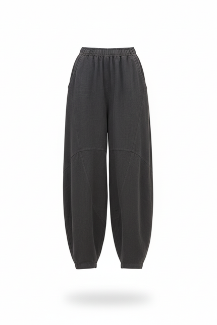 Pantalon En Lin Ample Gris Foncé Taille Élastique - vue 3