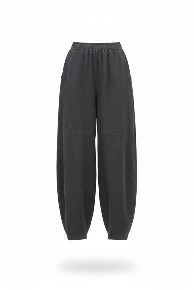 Pantalon En Lin Ample Gris Foncé Taille Élastique - vue 3