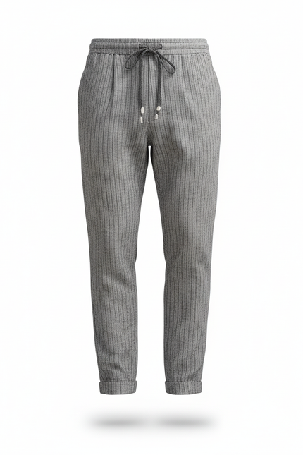 Pantalon En Lin Gris Rayé Cordon Décontracté Homme - vue 3