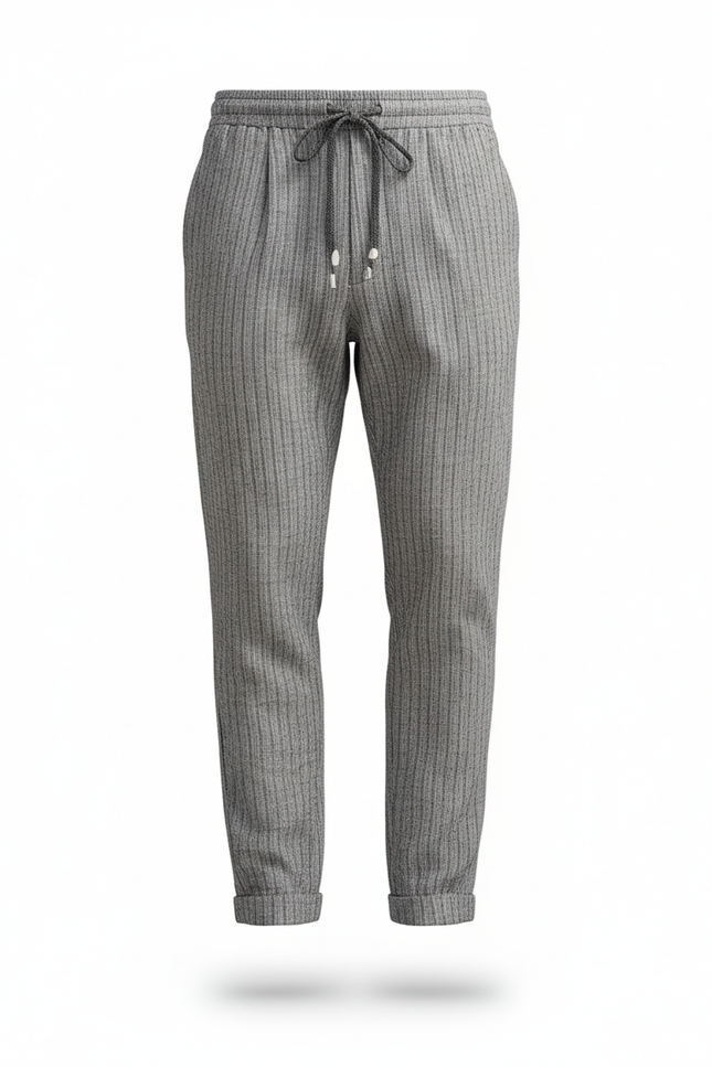 Pantalon En Lin Gris Rayé Cordon Décontracté Homme - vue 3
