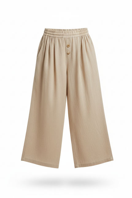Pantalon En Lin Beige Ample Taille Élastique Fille - vue 3