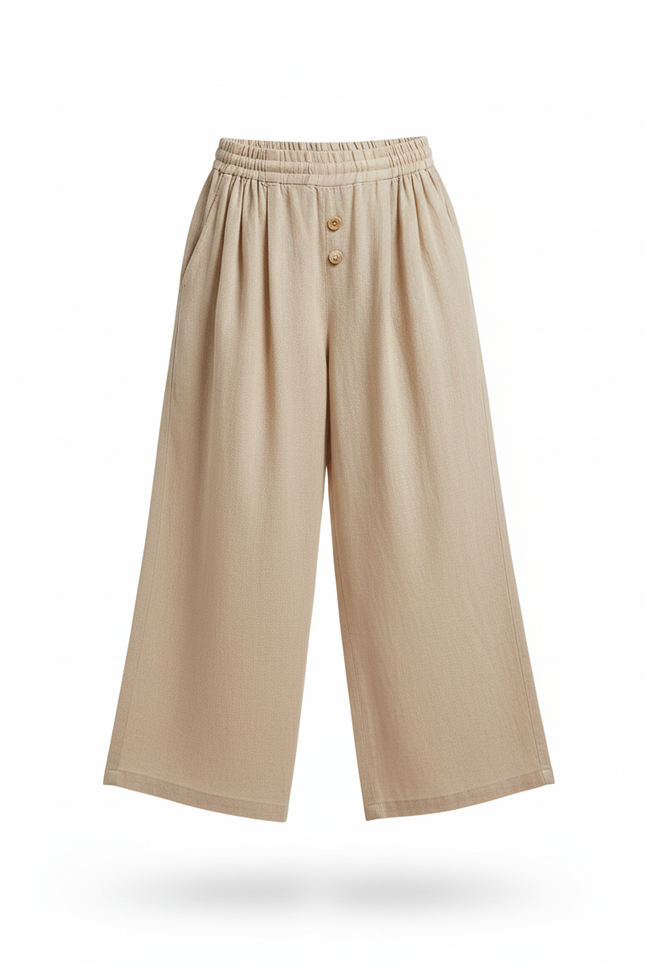 Pantalon En Lin Beige Ample Taille Élastique Fille - vue 3