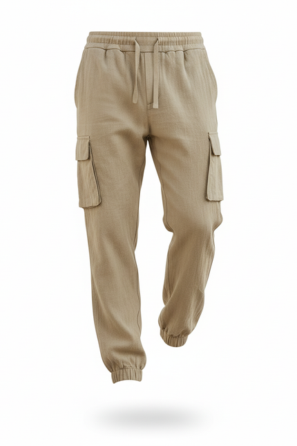 Pantalon En Lin Cargo Beige Cordon Décontracté Homme - vue 3