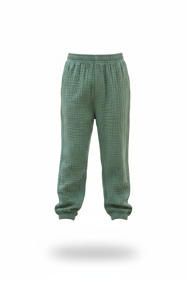 Pantalon En Lin Vert Ample Plissé Respirant Enfant - vue 3
