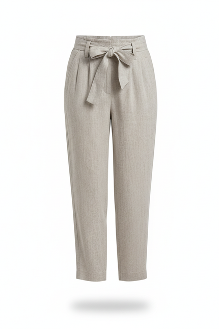 Pantalon En Lin Gris Clair, Coupe Fuselée, Taille Haute, Ceinture Nœud - vue 3
