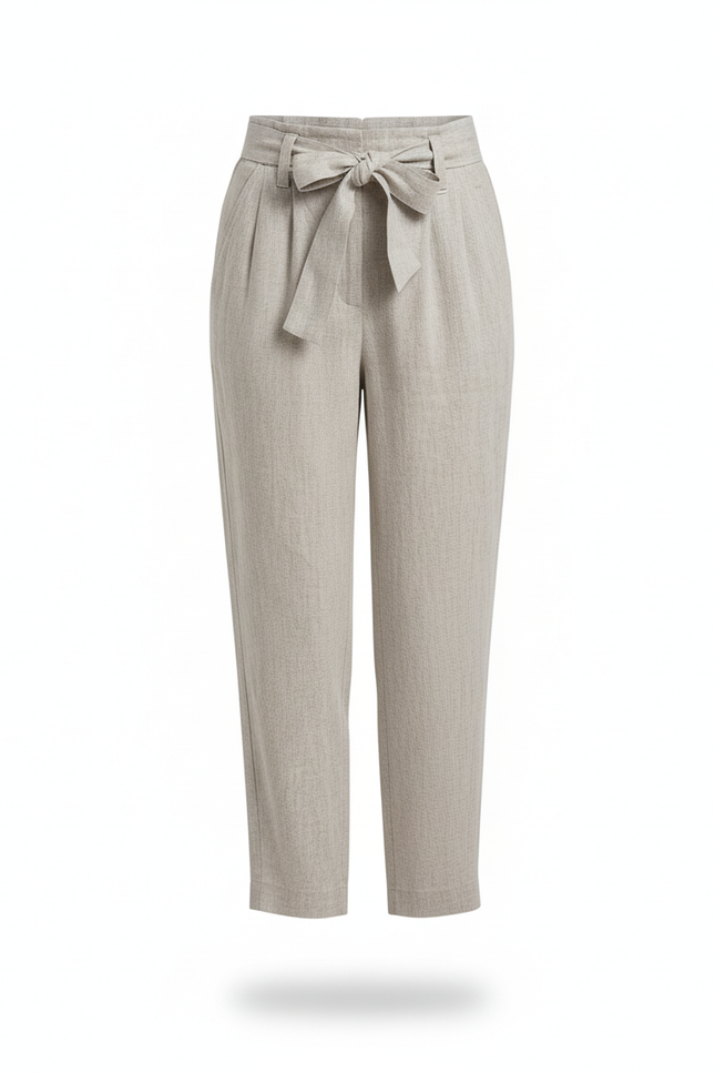 Pantalon En Lin Gris Clair, Coupe Fuselée, Taille Haute, Ceinture Nœud - vue 3