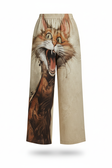 Pantalon En Lin Ample Imprimé Chat Original Femme - Beige - vue 3