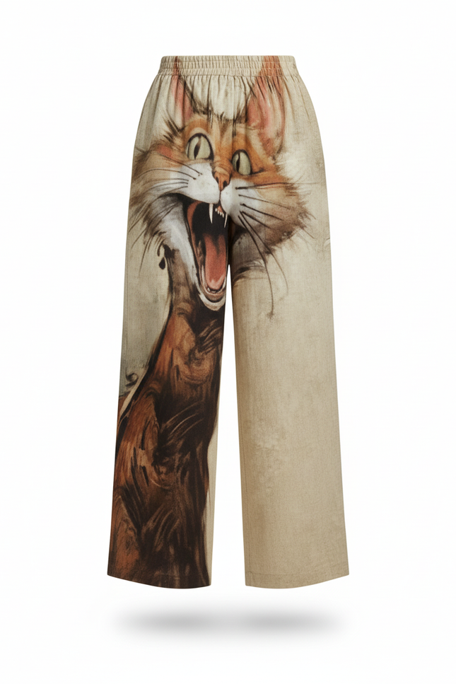 Pantalon En Lin Ample Imprimé Chat Original Femme - Beige - vue 3