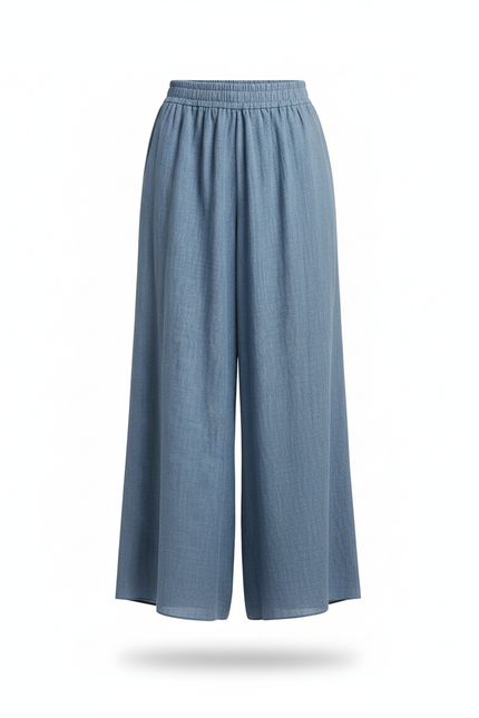Pantalon En Lin Bleu Ample Fluide Élastique Femme - vue 3